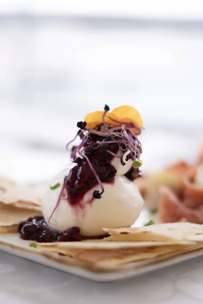 Burrata con salsa de frutos rojos y brotes